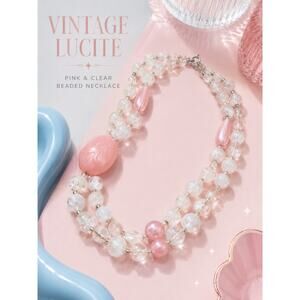 Vintage Pink & Clear Lucite Beaded Necklace Double Strand Statement Necklace